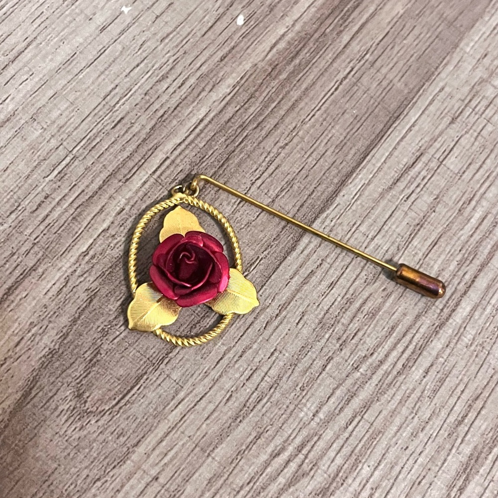 Vintage Red Rose Gold Lapel Pin - image 2